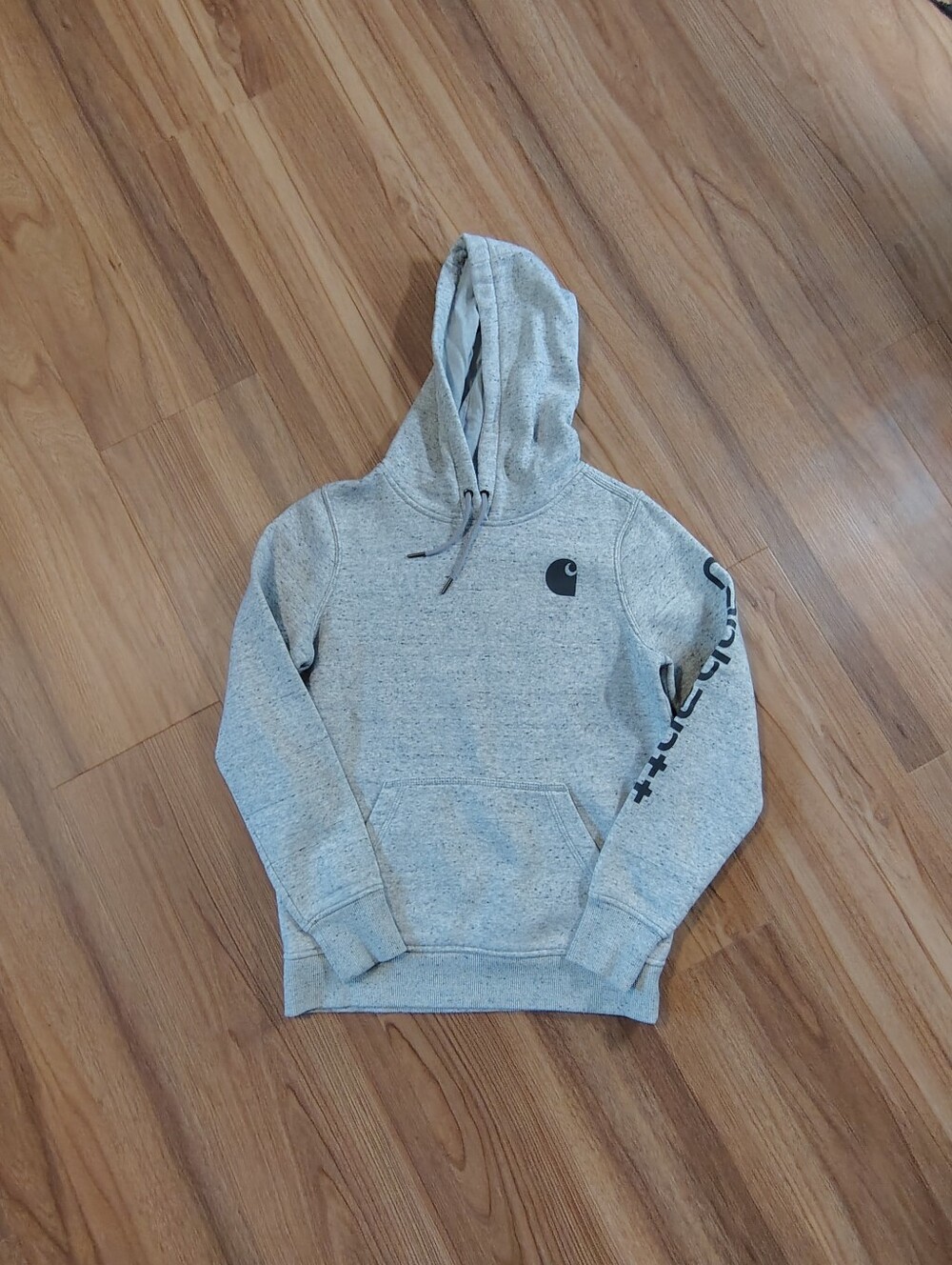 Carhartt Hoodie Women XS Grey Relaxed Fit Logo Sleeve Graphic Sweatshirt